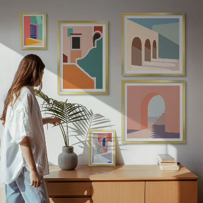 Modernes wandbilder-set Farbenfrohe Illustrationen von Gebäuden