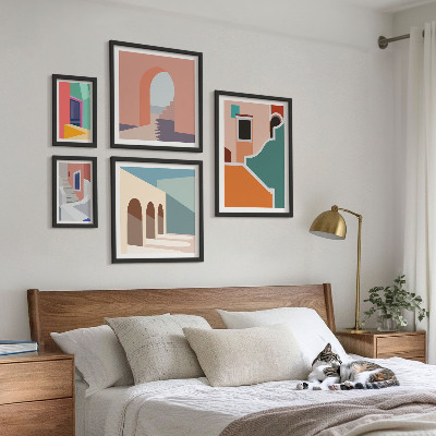 Modernes wandbilder-set Farbenfrohe Illustrationen von Gebäuden