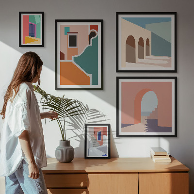 Modernes wandbilder-set Farbenfrohe Illustrationen von Gebäuden