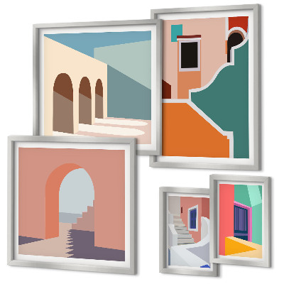 Modernes wandbilder-set Farbenfrohe Illustrationen von Gebäuden