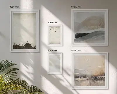 Wandbilder-Set mit Vögeln, Steinen, Pinselstrichen und Verzierungen