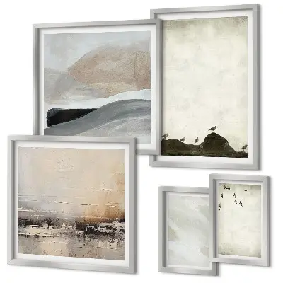 Wandbilder-Set mit Vögeln, Steinen, Pinselstrichen und Verzierungen