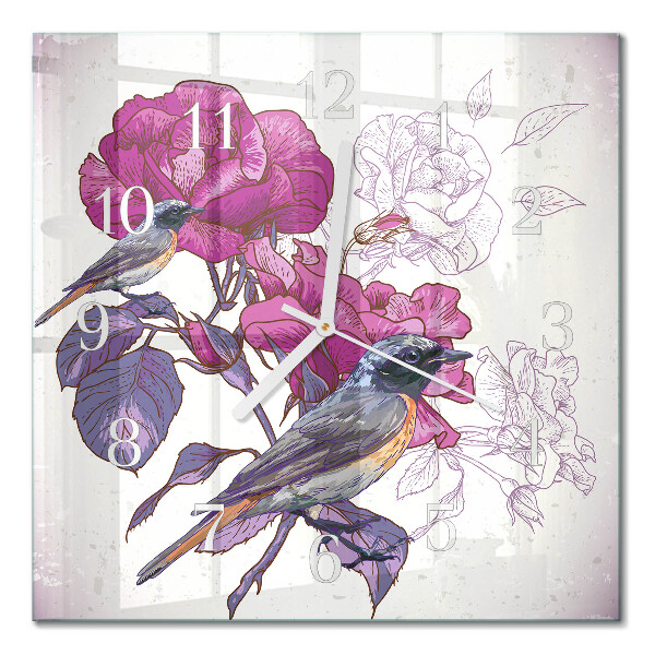 Glasuhr quadratisch Vögel und Blumen