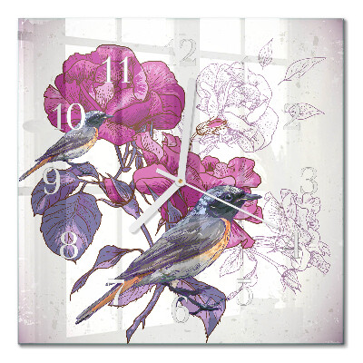 Glasuhr quadratisch Vögel und Blumen