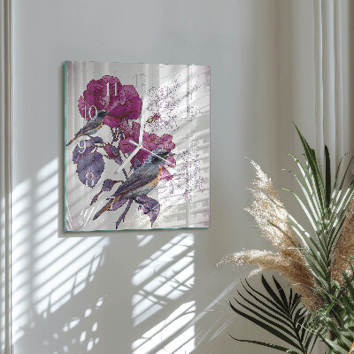 Glasuhr quadratisch Vögel und Blumen