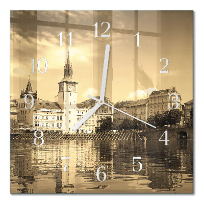 Quadratische wanduhr modern Schloss in Sepia