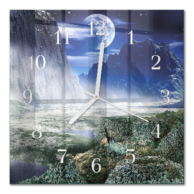 Quadratische wanduhr modern Berge Mond