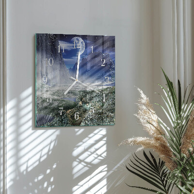 Quadratische wanduhr modern Berge Mond