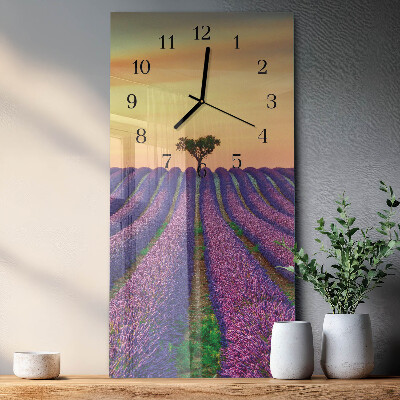 Vertikale glas wanduhr Lavendelfeld